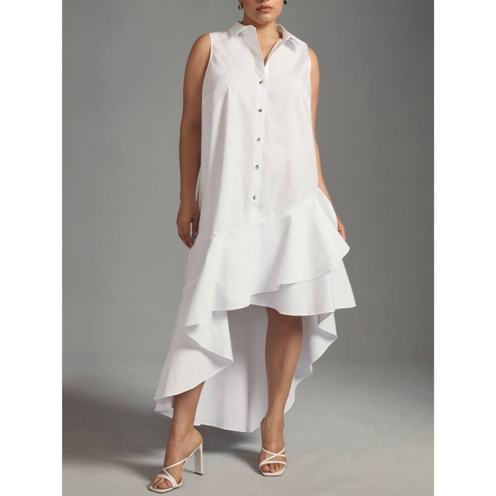 Maeve Anthropologie White Asymmetrical Hem Shirt Dress XS Cotton Button Front